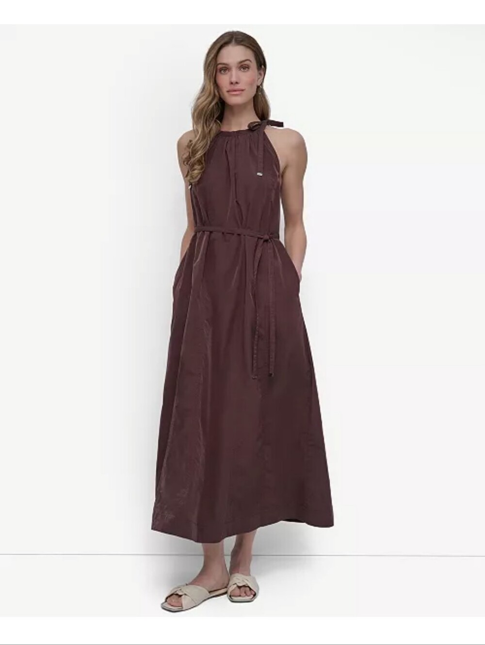 DKNY NWT Brown Sleeveless Midi Dress Siz 8 Tie Shoulder Relaxed Fit $139 Nuetral
